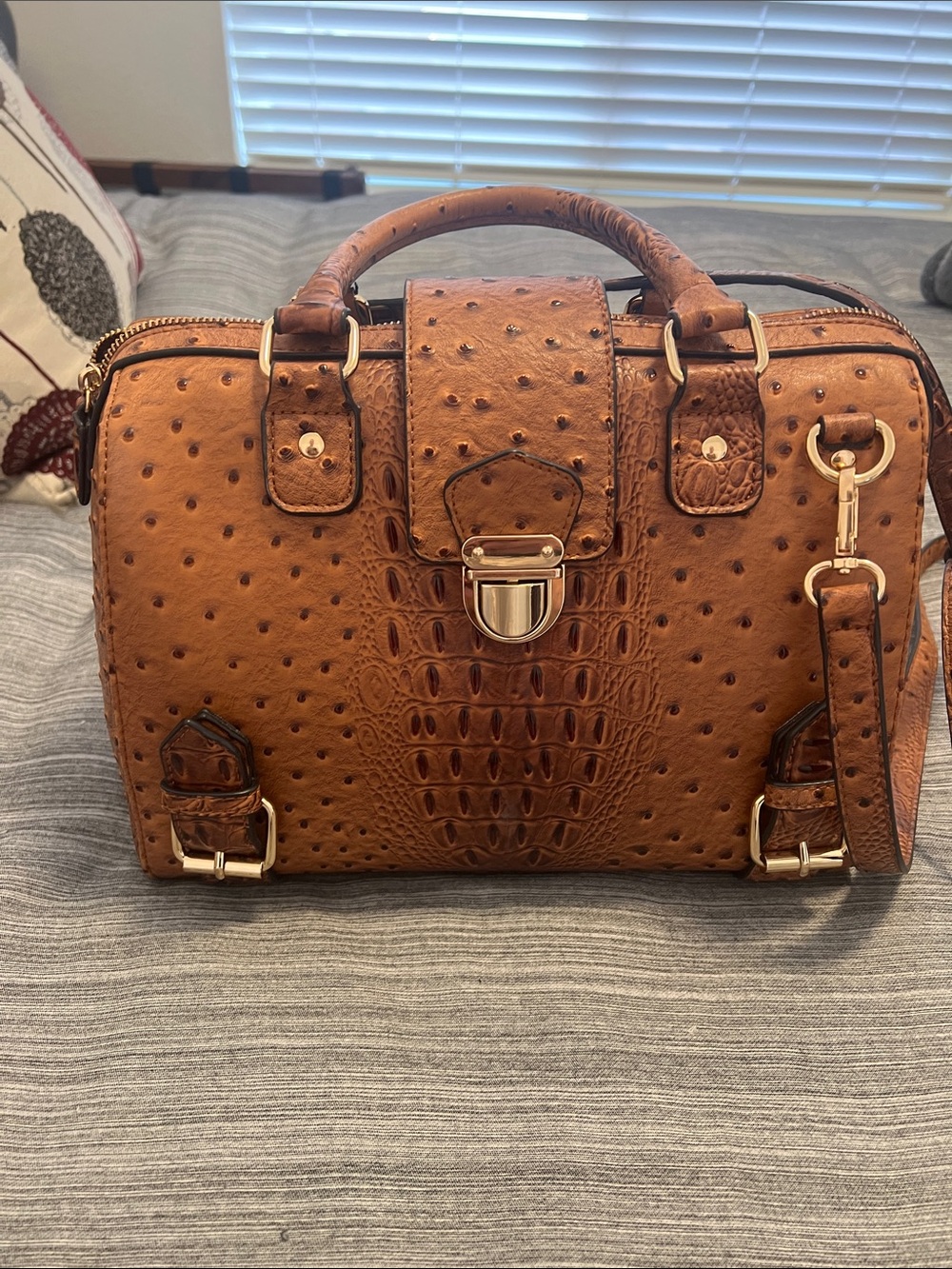 Structured Cognac Faux Ostrich & Croc Satchel with Gold Hardware
